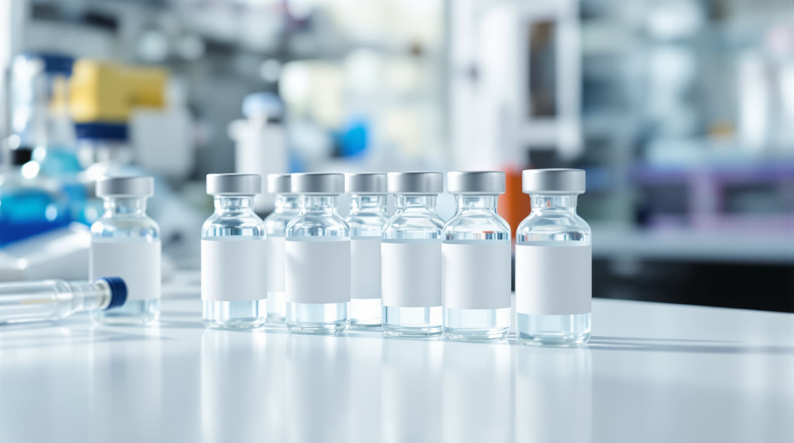 Research peptide vials on a laboratory bench
