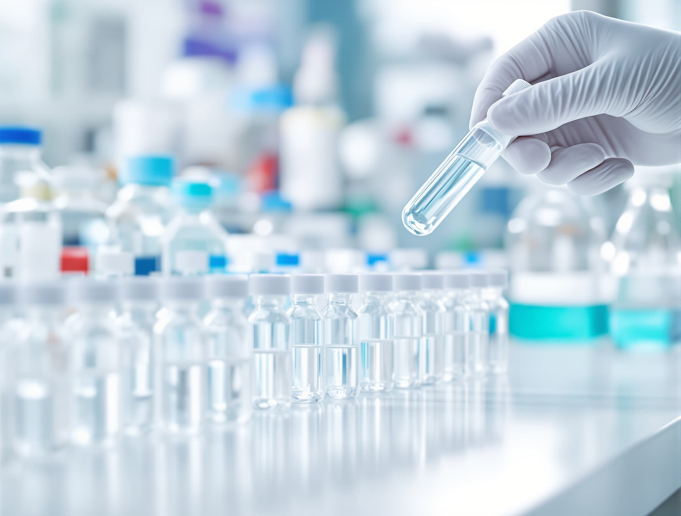 A gloved researcher inspecting a peptide sample in the lab